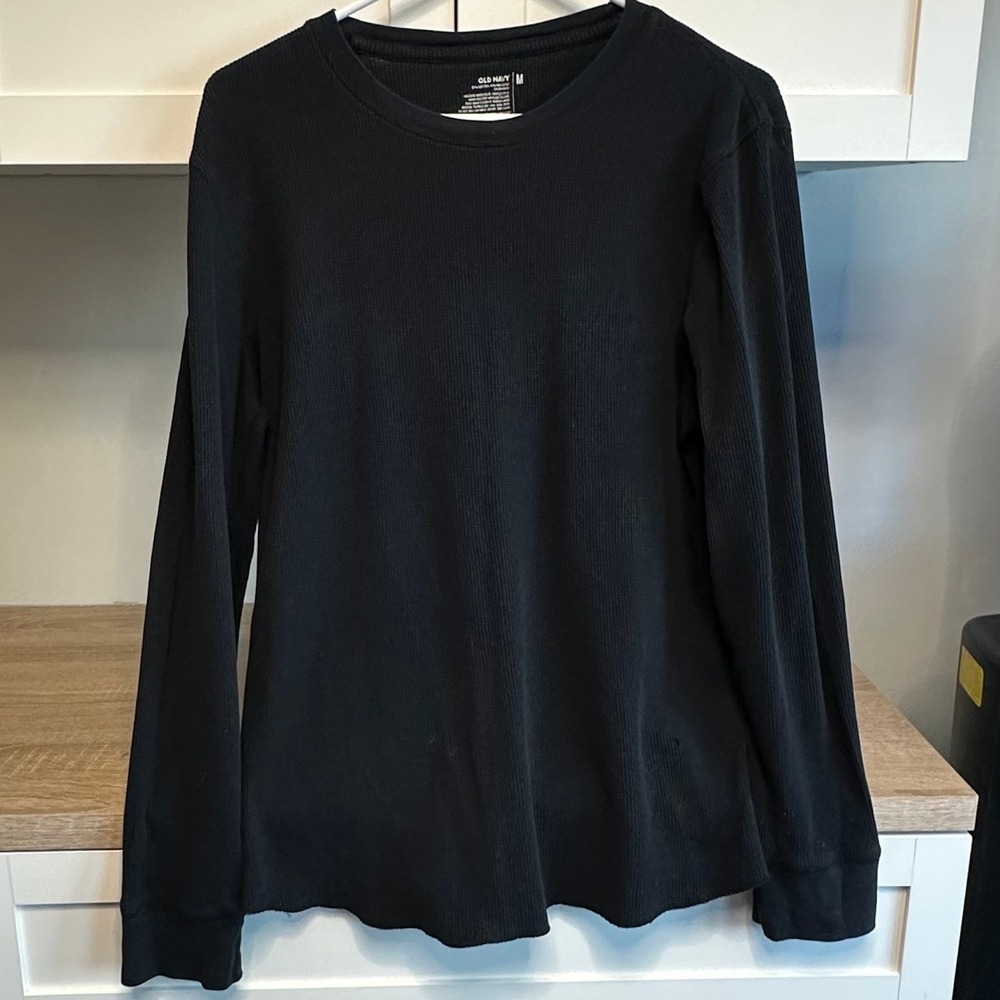 Old Navy Women's Sz M Long Sleeve Thermal Top Black Waffle Knit Everyday‎ Basic